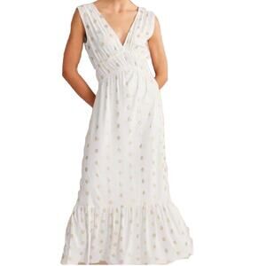 Boden Maxi Dress Size 16/18 White Gold Foil Leaves Ruffle Hem Deep V-Neck NWT